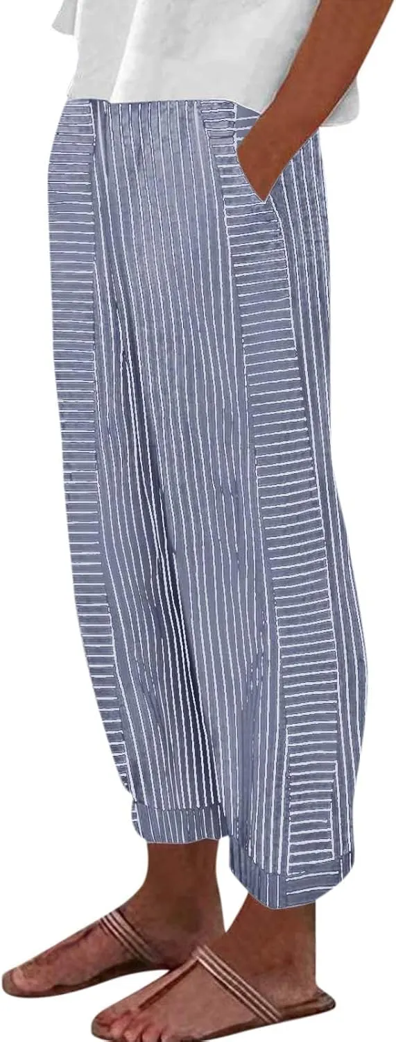 Striped Casual Pants for Women High Waisted Pants Straight Leg Travel Pants Comfy Beach Pants Trousers with Pockets