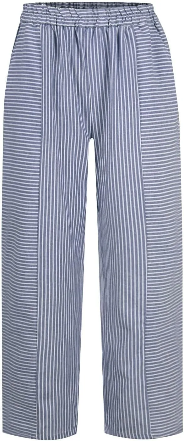 Striped Casual Pants for Women High Waisted Pants Straight Leg Travel Pants Comfy Beach Pants Trousers with Pockets