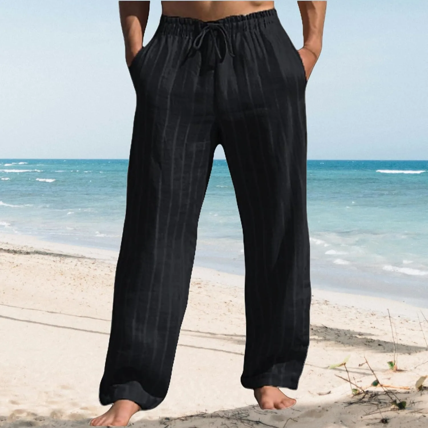 Striped Pants Men Cotton Linen Drawstring Pants Loose Beach Summer Pants Elastic Waist Casual Jogger Yoga Pants Trouser