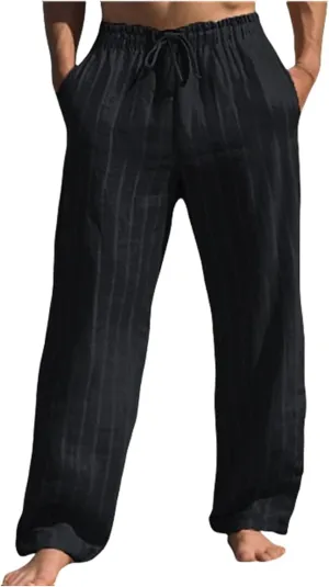 Striped Pants Men Cotton Linen Drawstring Pants Loose Beach Summer Pants Elastic Waist Casual Jogger Yoga Pants Trouser