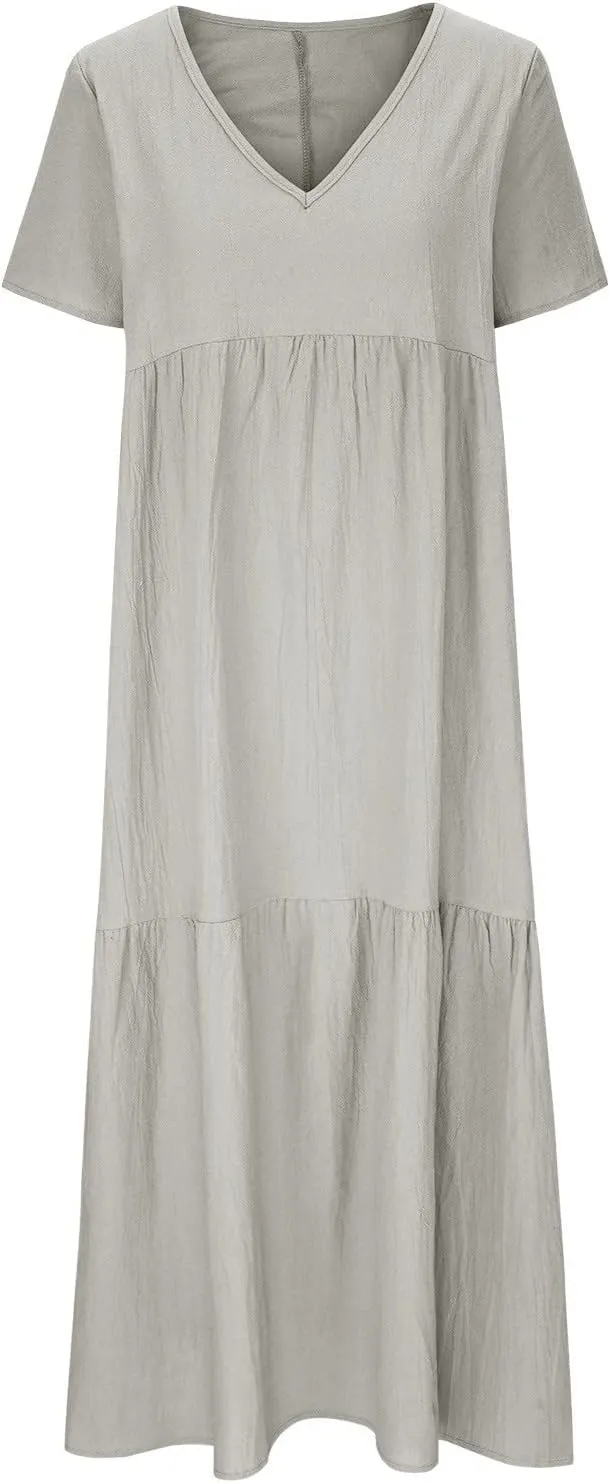Summer Dresses for Women 2025 Casual Linen Cotton Dress Comfy V Neck Short Sleeve Vacation Boho Sundresses Outfits