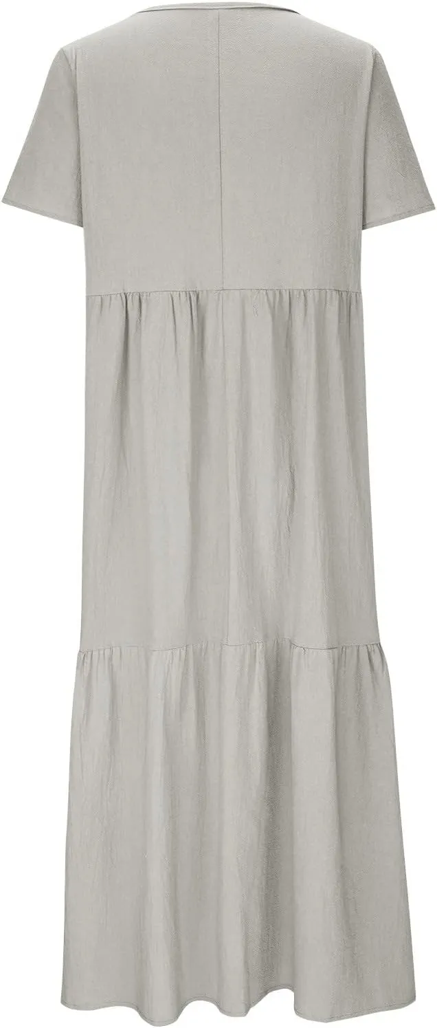 Summer Dresses for Women 2025 Casual Linen Cotton Dress Comfy V Neck Short Sleeve Vacation Boho Sundresses Outfits