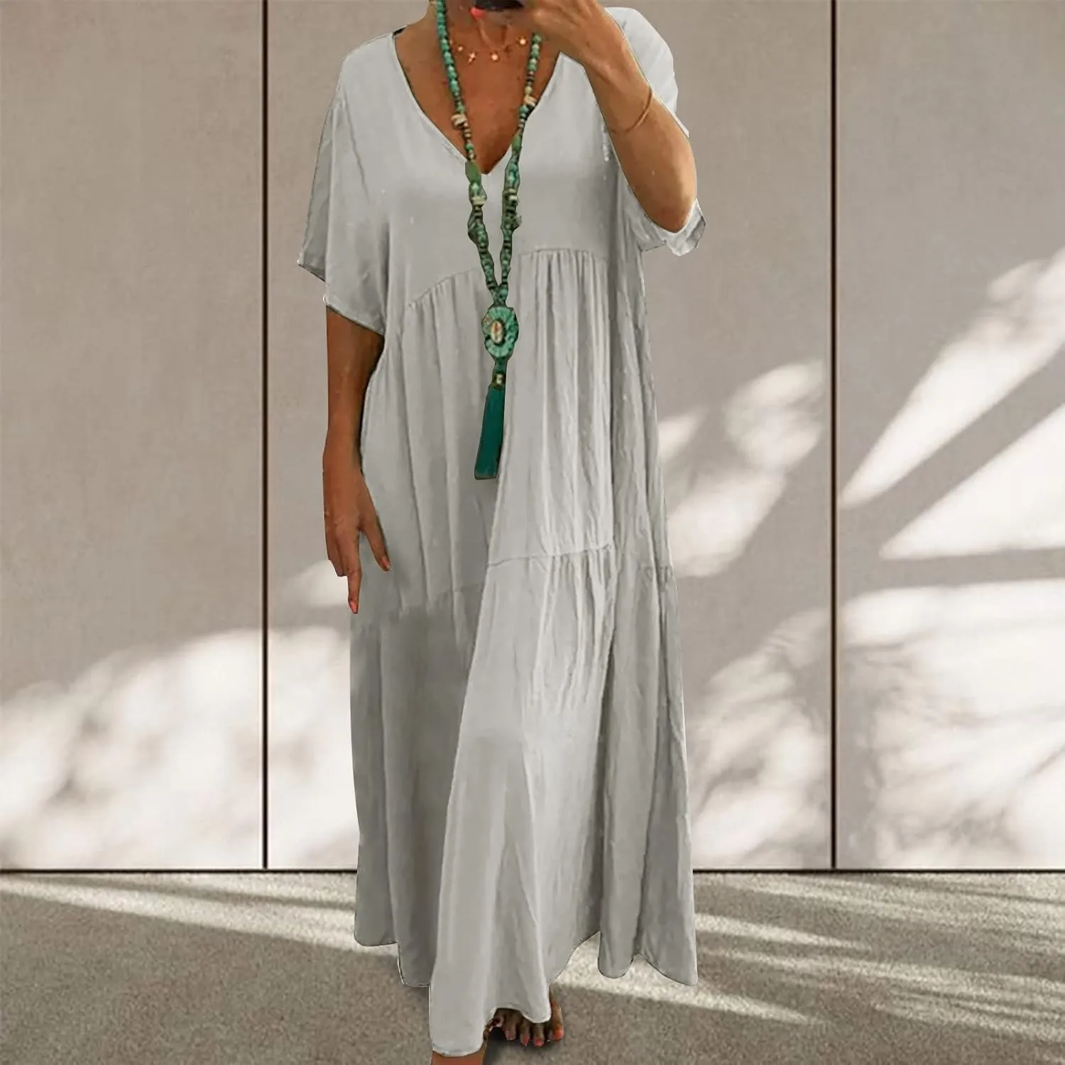 Summer Dresses for Women 2025 Casual Linen Cotton Dress Comfy V Neck Short Sleeve Vacation Boho Sundresses Outfits