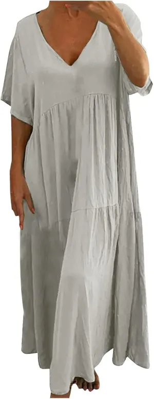 Summer Dresses for Women 2025 Casual Linen Cotton Dress Comfy V Neck Short Sleeve Vacation Boho Sundresses Outfits