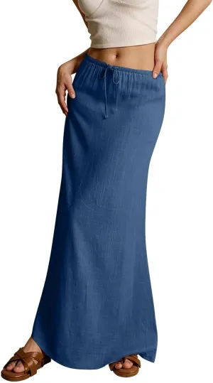 Summer Dresses for Women Drawstring Waist Boho Slim Low Rise Cotton Linen A Line Cute Beach Vacation Long Maxi Skirt