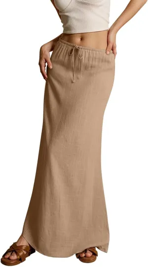 Summer Dresses for Women Drawstring Waist Boho Slim Low Rise Cotton Linen A Line Cute Beach Vacation Long Maxi Skirt