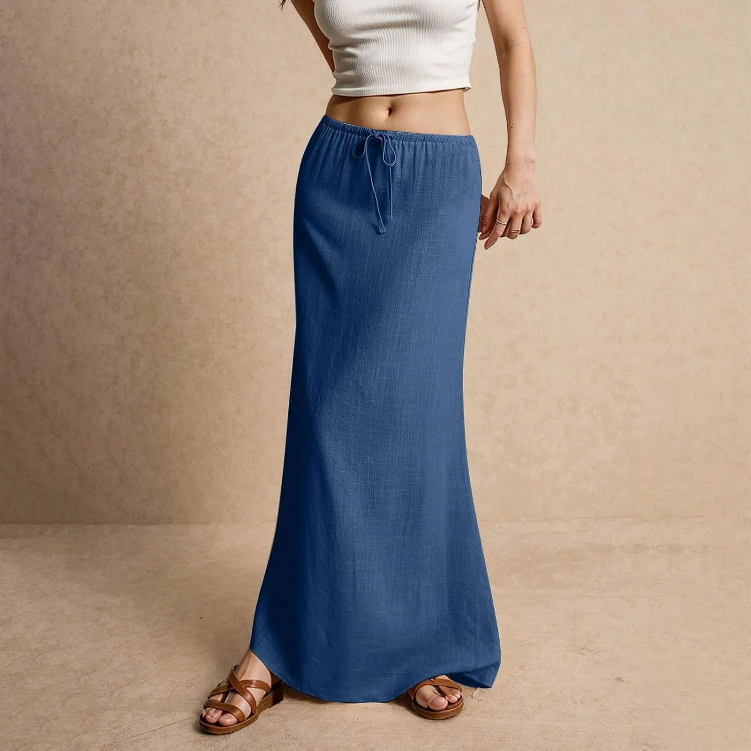 Summer Dresses for Women Drawstring Waist Boho Slim Low Rise Cotton Linen A Line Cute Beach Vacation Long Maxi Skirt