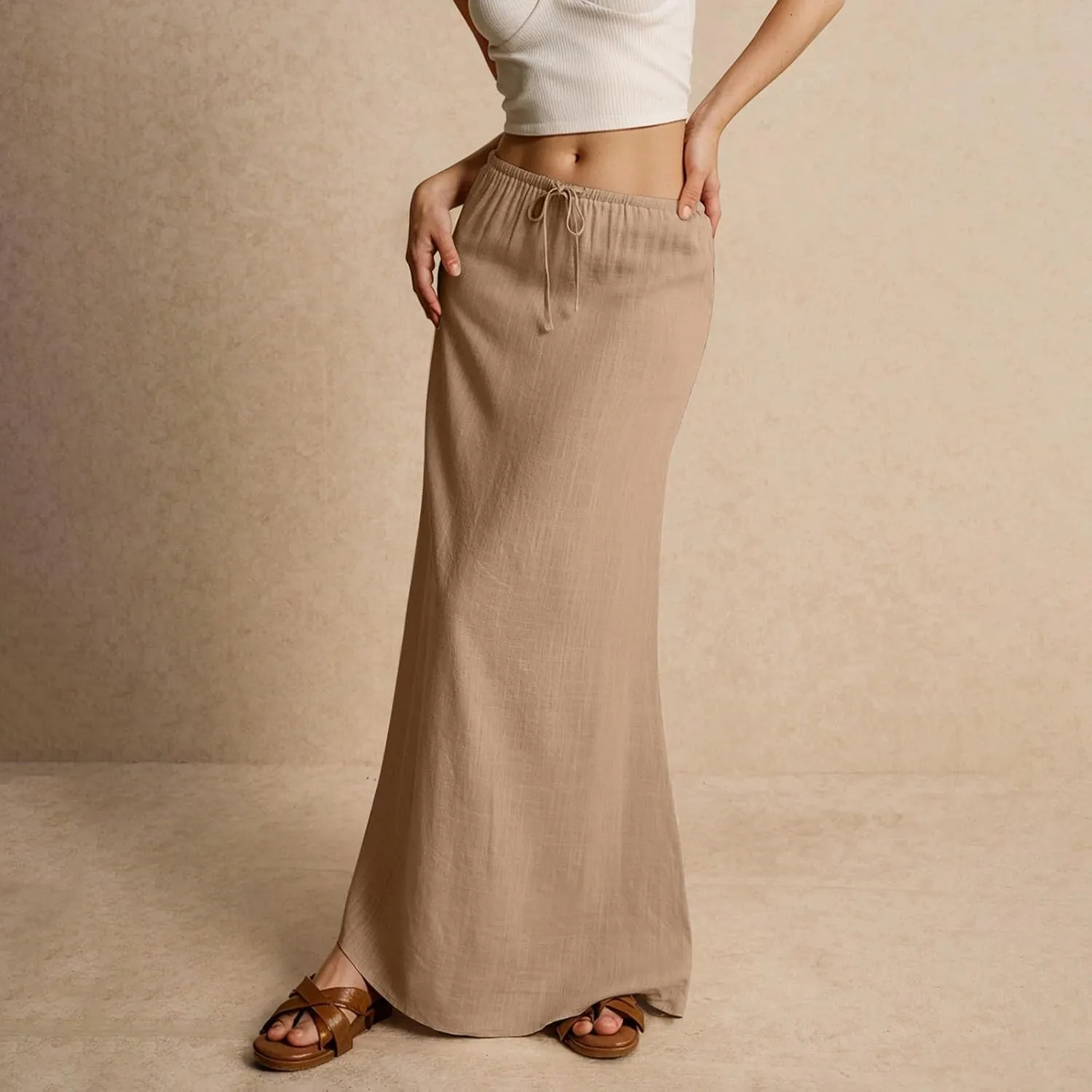 Summer Dresses for Women Drawstring Waist Boho Slim Low Rise Cotton Linen A Line Cute Beach Vacation Long Maxi Skirt