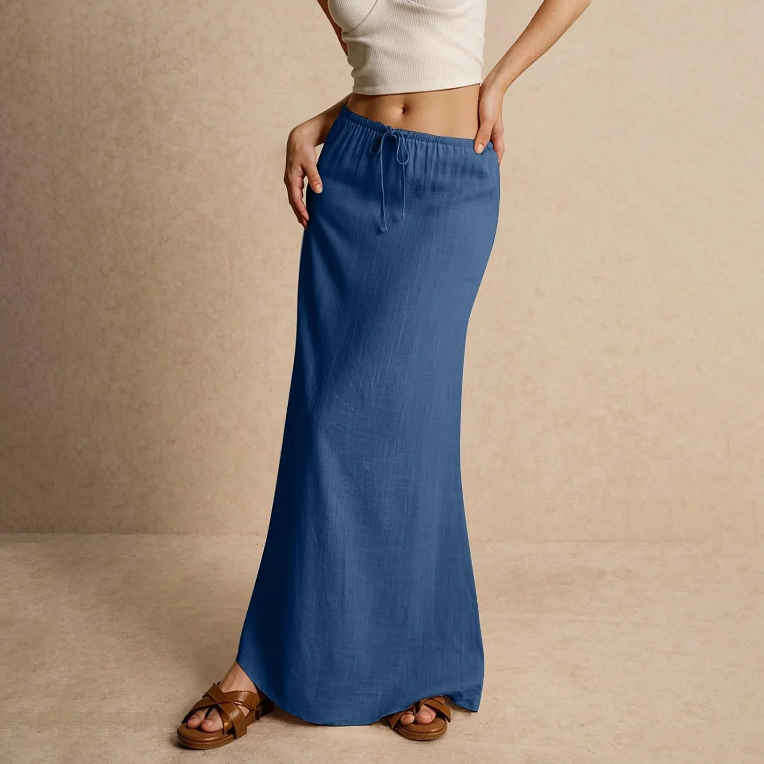 Summer Dresses for Women Drawstring Waist Boho Slim Low Rise Cotton Linen A Line Cute Beach Vacation Long Maxi Skirt