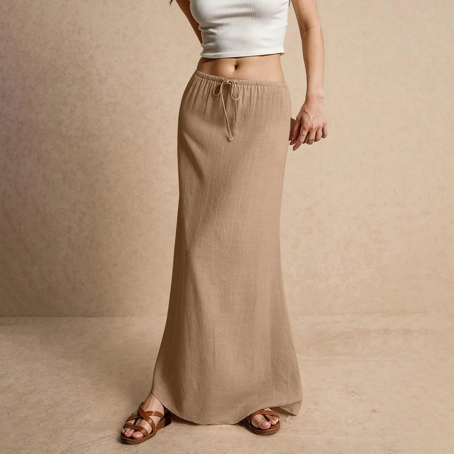 Summer Dresses for Women Drawstring Waist Boho Slim Low Rise Cotton Linen A Line Cute Beach Vacation Long Maxi Skirt