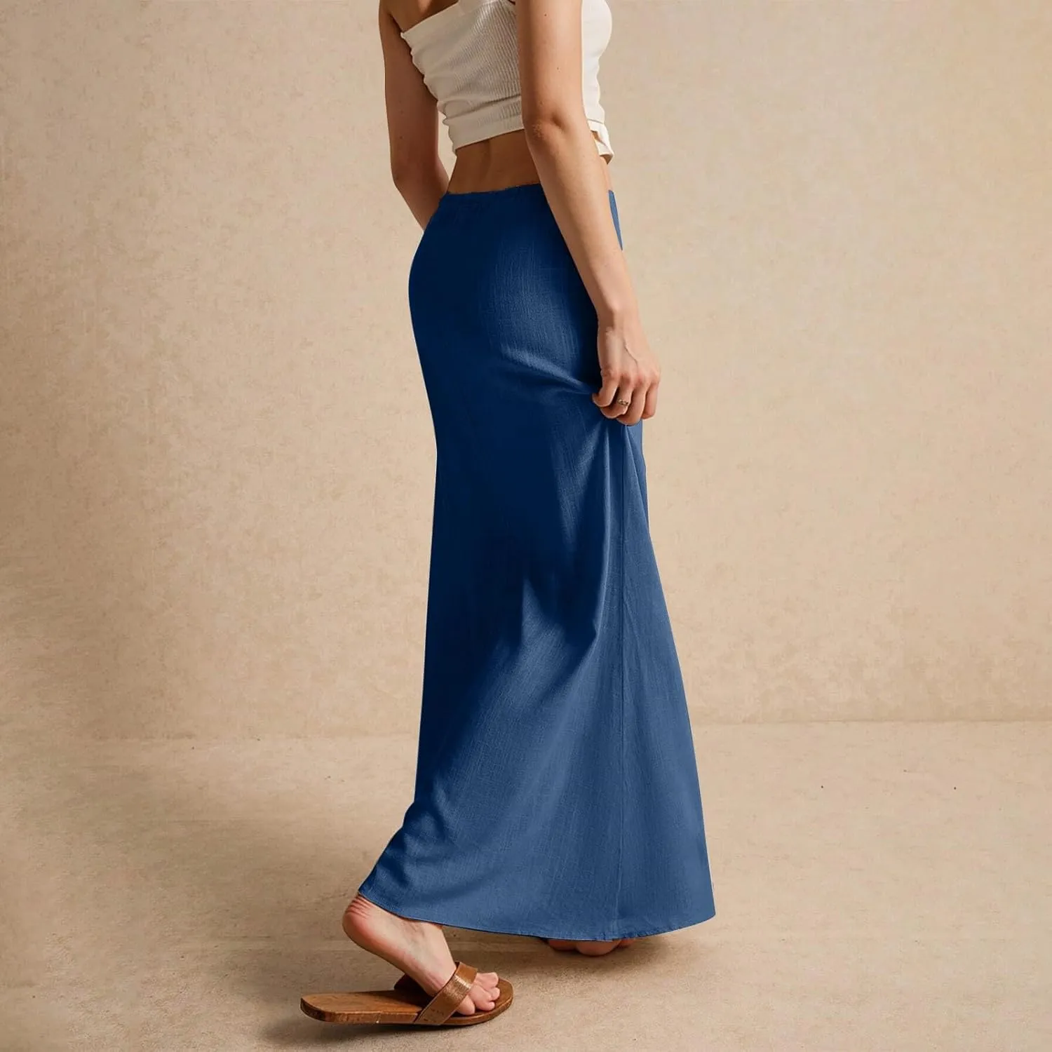 Summer Dresses for Women Drawstring Waist Boho Slim Low Rise Cotton Linen A Line Cute Beach Vacation Long Maxi Skirt