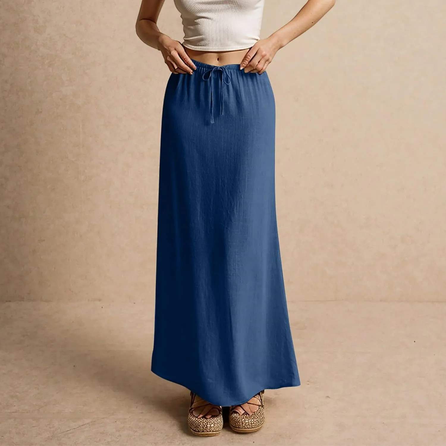 Summer Dresses for Women Drawstring Waist Boho Slim Low Rise Cotton Linen A Line Cute Beach Vacation Long Maxi Skirt