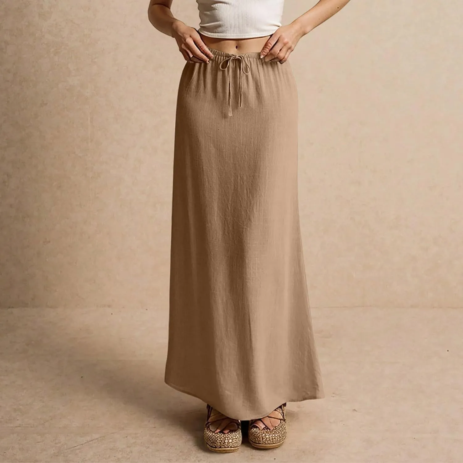 Summer Dresses for Women Drawstring Waist Boho Slim Low Rise Cotton Linen A Line Cute Beach Vacation Long Maxi Skirt
