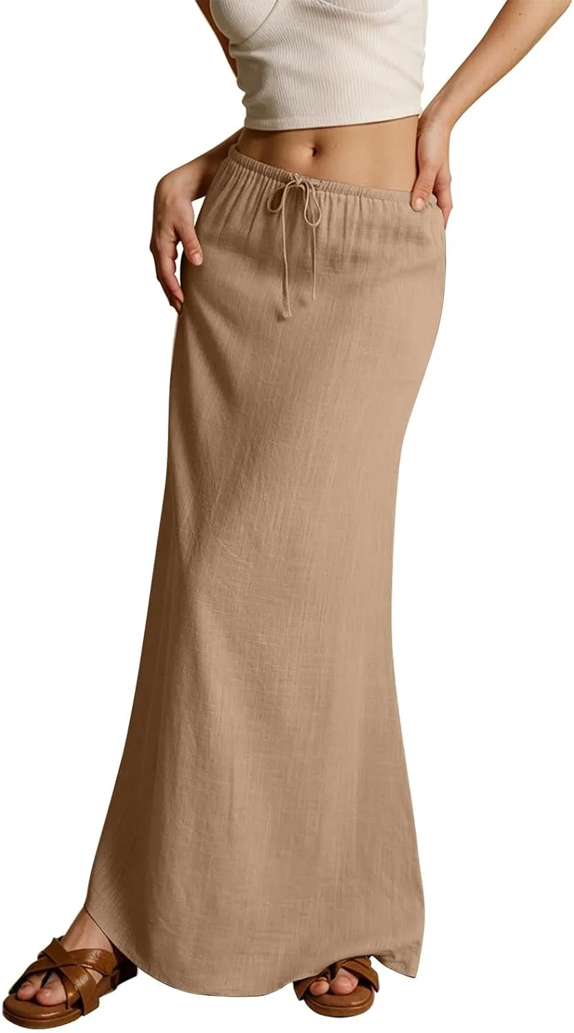 Summer Dresses for Women Drawstring Waist Boho Slim Low Rise Cotton Linen A Line Cute Beach Vacation Long Maxi Skirt