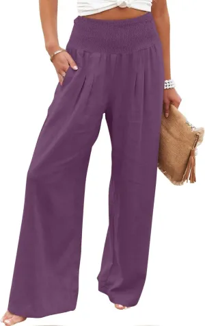 Summer Linen Pants Women Palazzo Pants Drawstring Elastic Waist Wide Leg Pants High Waist Lounge Pants Casual Trouser