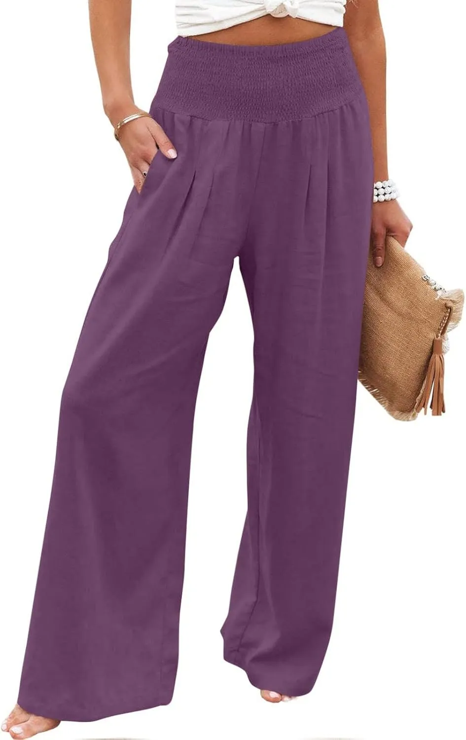 Summer Linen Pants Women Palazzo Pants Drawstring Elastic Waist Wide Leg Pants High Waist Lounge Pants Casual Trouser