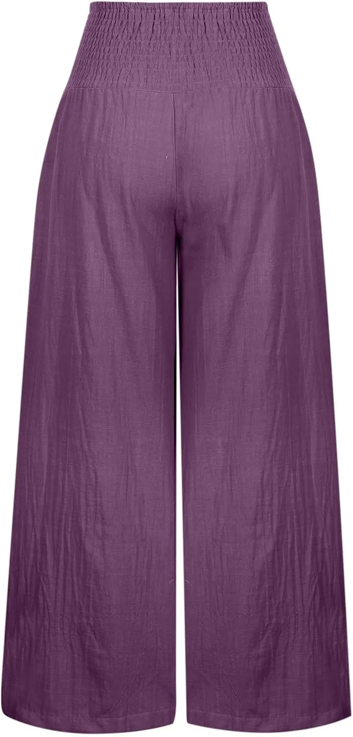 Summer Linen Pants Women Palazzo Pants Drawstring Elastic Waist Wide Leg Pants High Waist Lounge Pants Casual Trouser