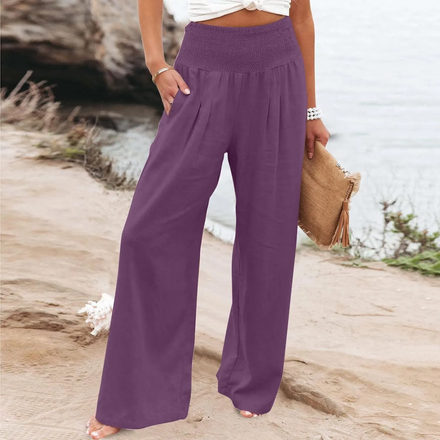 Summer Linen Pants Women Palazzo Pants Drawstring Elastic Waist Wide Leg Pants High Waist Lounge Pants Casual Trouser