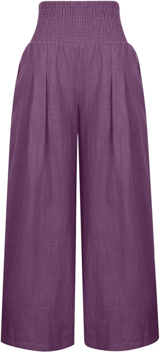 Summer Linen Pants Women Palazzo Pants Drawstring Elastic Waist Wide Leg Pants High Waist Lounge Pants Casual Trouser