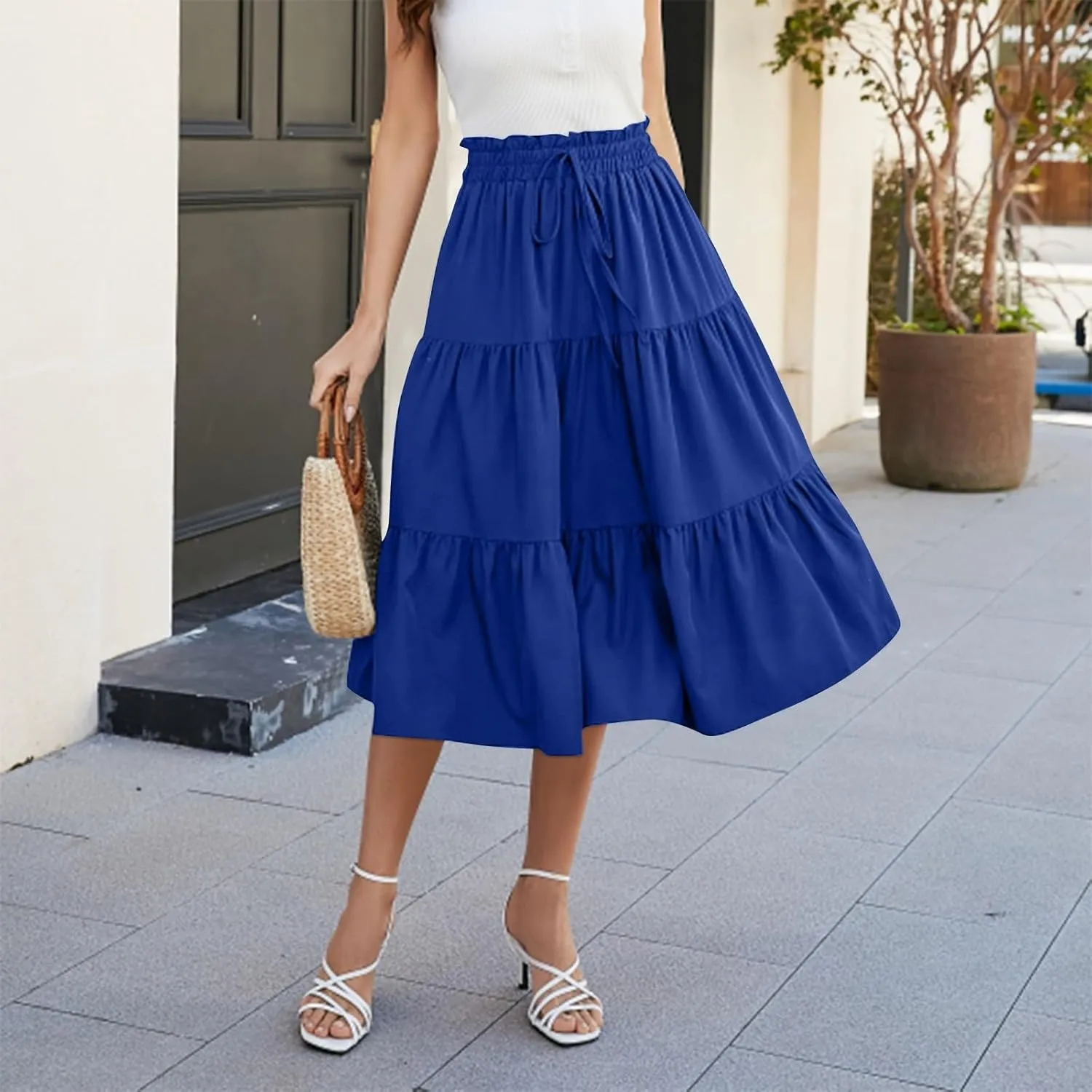 Summer Skirt for Women Comfy Tiered Elastic High Waisted Pleated Skirts Vacation A-Line Flowy Swing Long Skirts
