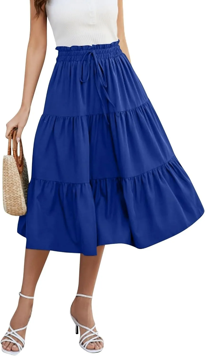 Summer Skirt for Women Comfy Tiered Elastic High Waisted Pleated Skirts Vacation A-Line Flowy Swing Long Skirts