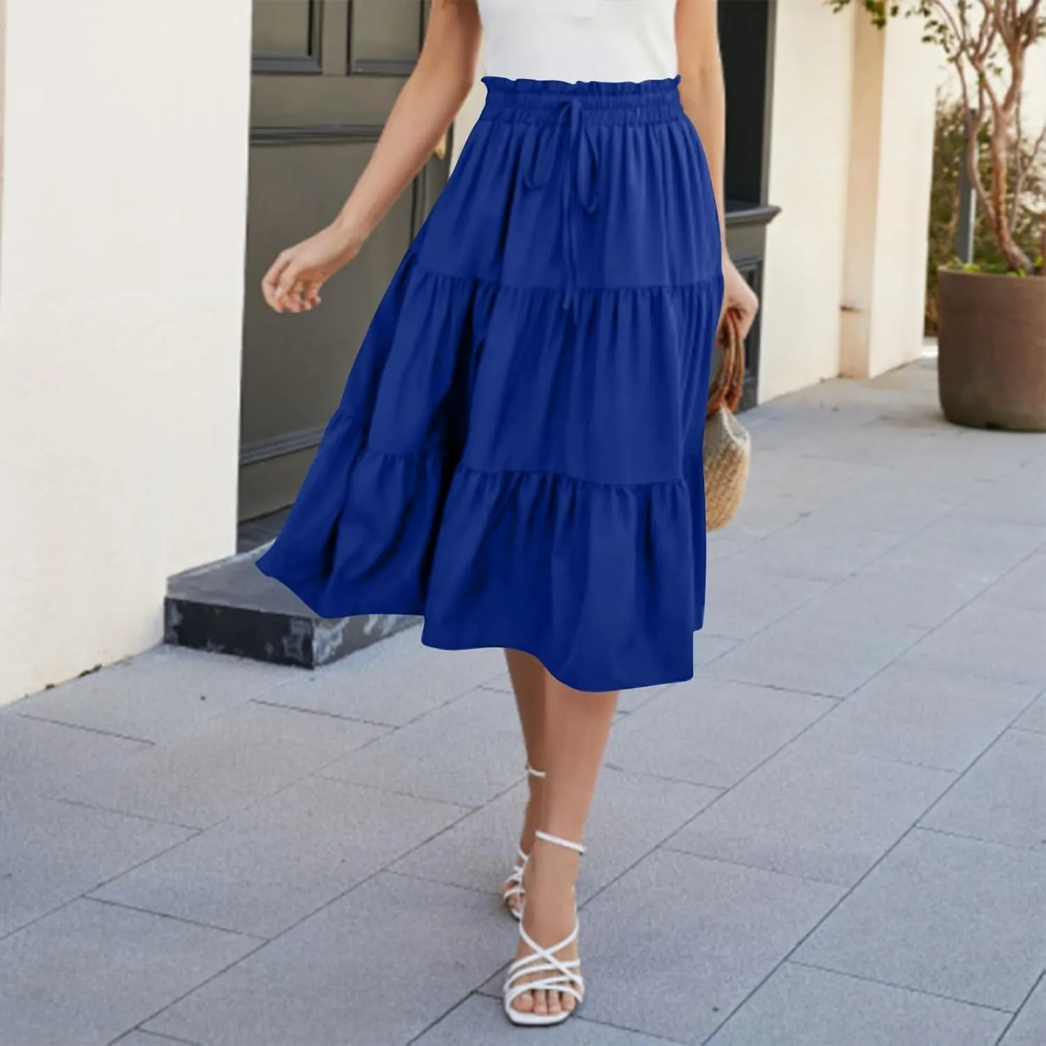 Summer Skirt for Women Comfy Tiered Elastic High Waisted Pleated Skirts Vacation A-Line Flowy Swing Long Skirts