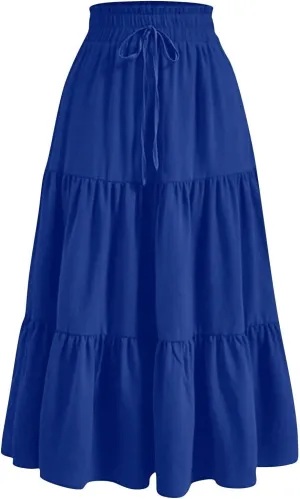 Summer Skirt for Women Comfy Tiered Elastic High Waisted Pleated Skirts Vacation A-Line Flowy Swing Long Skirts