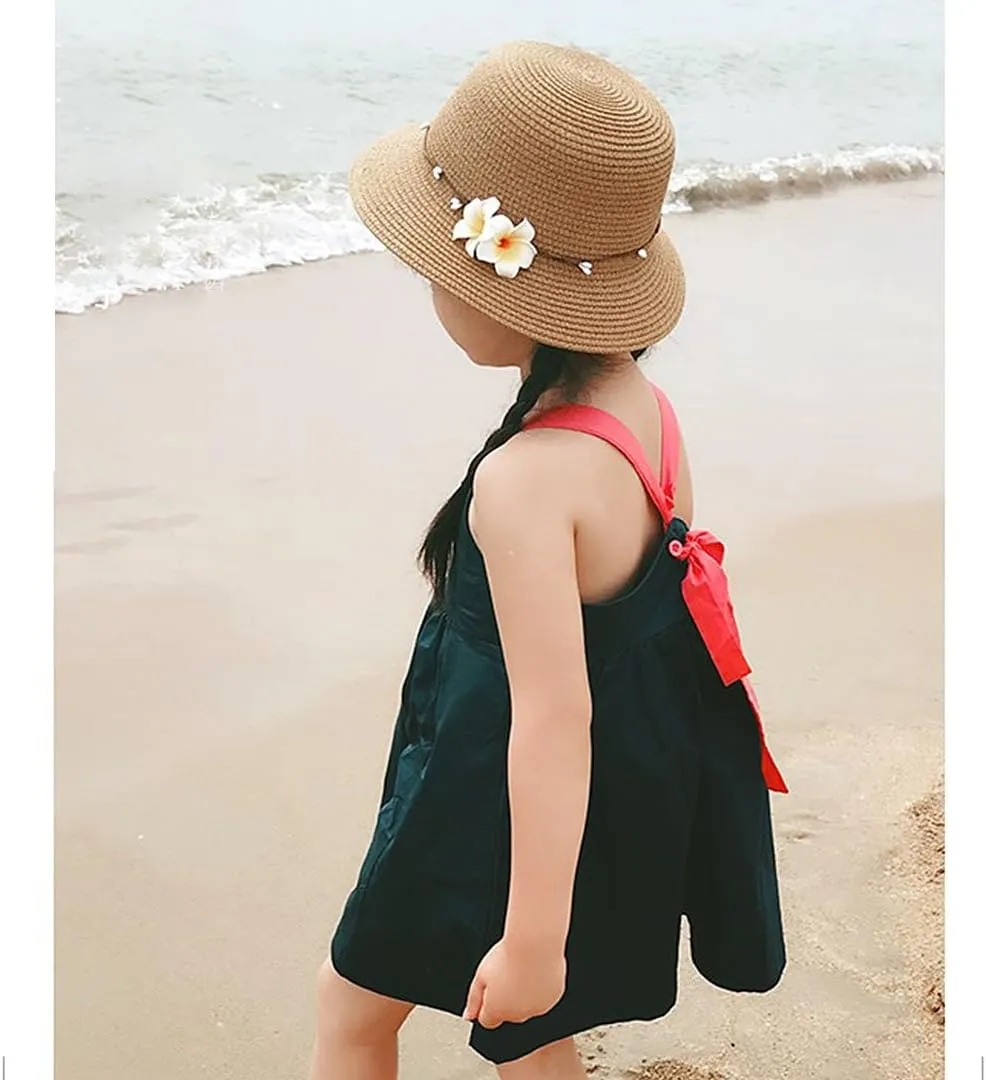 Surkat Girls Flower Straw Hat Large Brim Beachwear Sunhat Floral Tea Party Cap