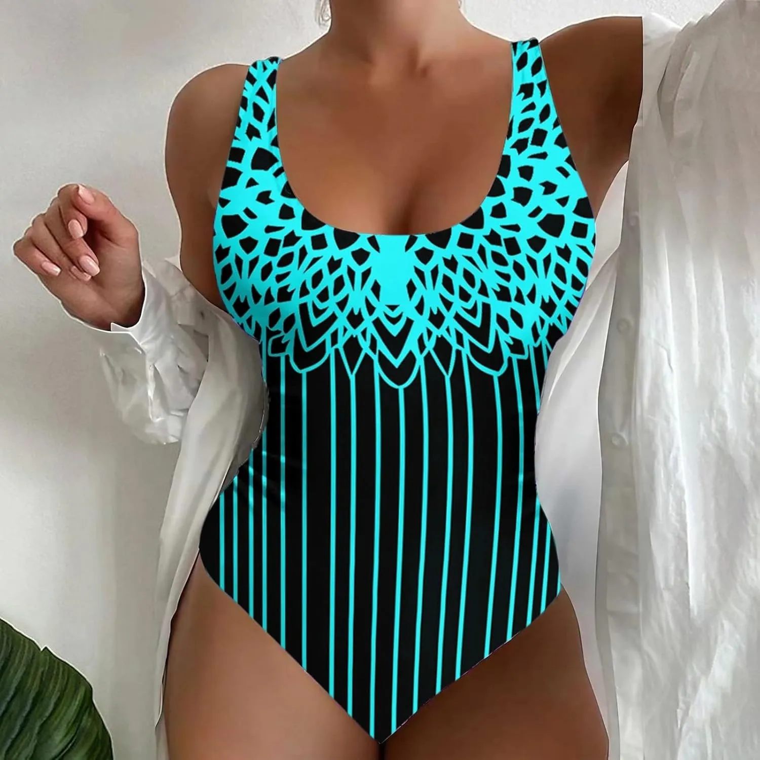 Swimsuit Women One Piece Neck Swimwear Cut Out Bathing Suit Thong 1 Swimsuit Double Straps Push Up Swim Suit One