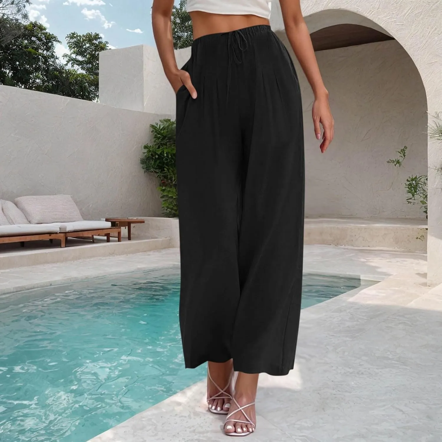 TANGNADE Women's Pants High Elastic Waisted Plus Size Wide Leg Trouser with Pockets Summer Casual Beach Flowy Pant
