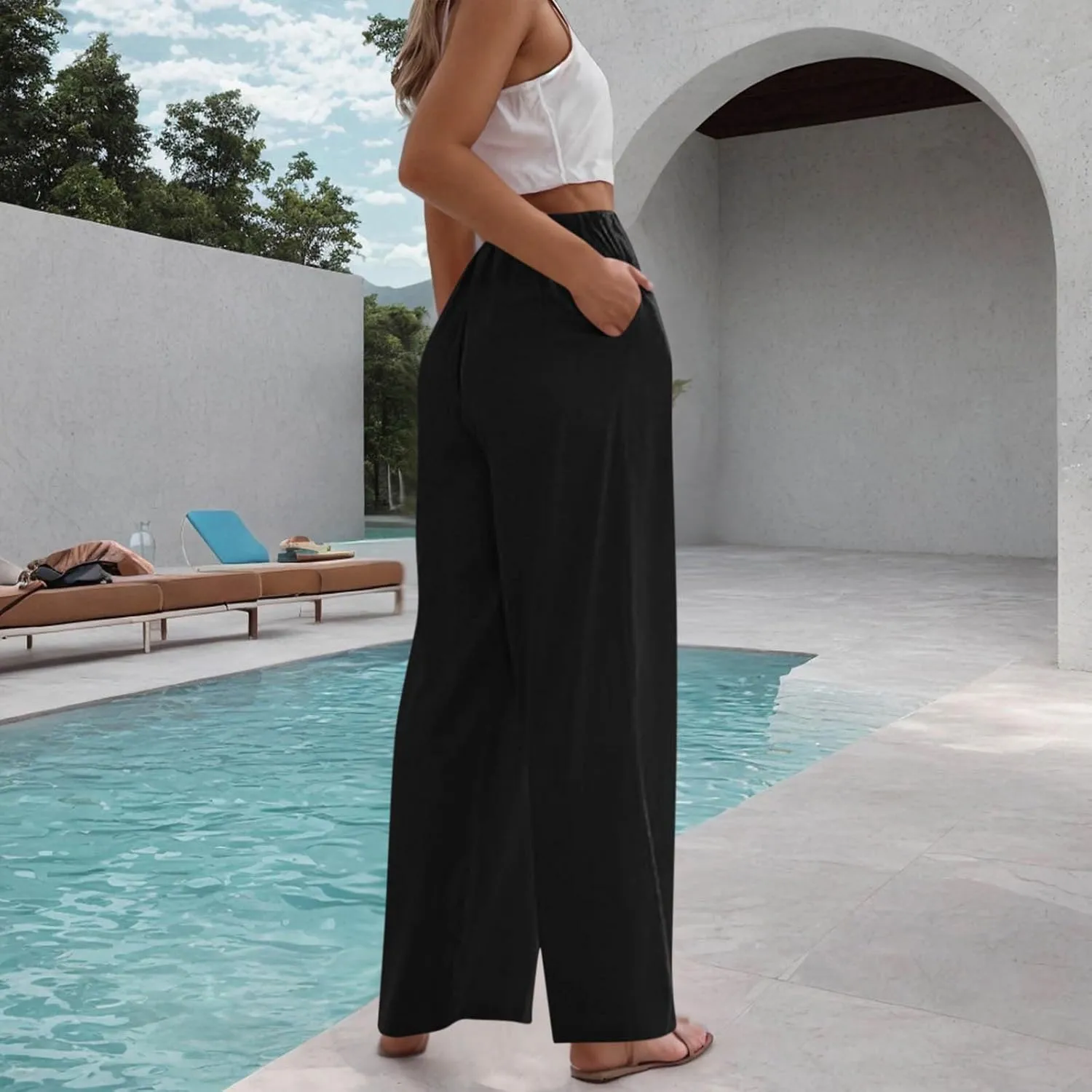 TANGNADE Women's Pants High Elastic Waisted Plus Size Wide Leg Trouser with Pockets Summer Casual Beach Flowy Pant