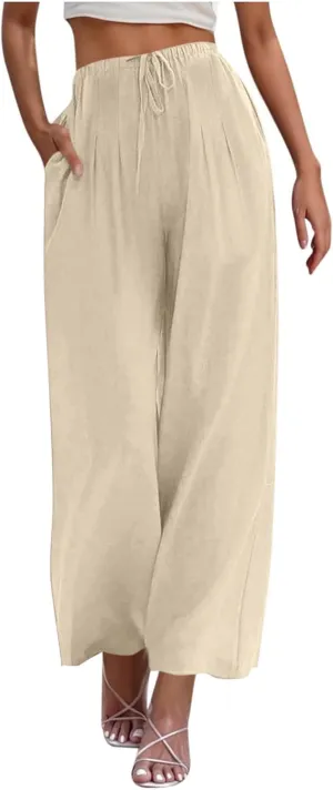 TANGNADE Women's Pants High Elastic Waisted Plus Size Wide Leg Trouser with Pockets Summer Casual Beach Flowy Pant