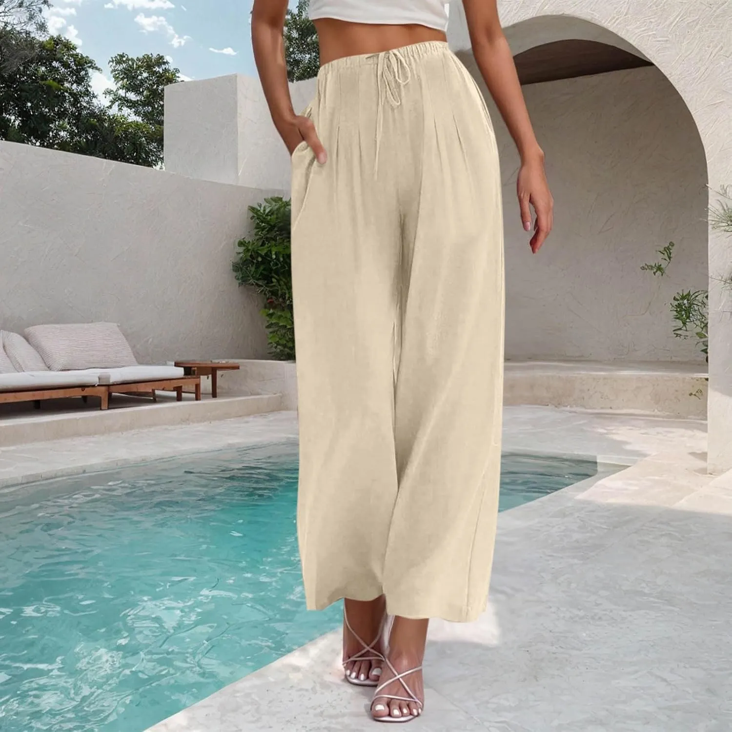 TANGNADE Women's Pants High Elastic Waisted Plus Size Wide Leg Trouser with Pockets Summer Casual Beach Flowy Pant