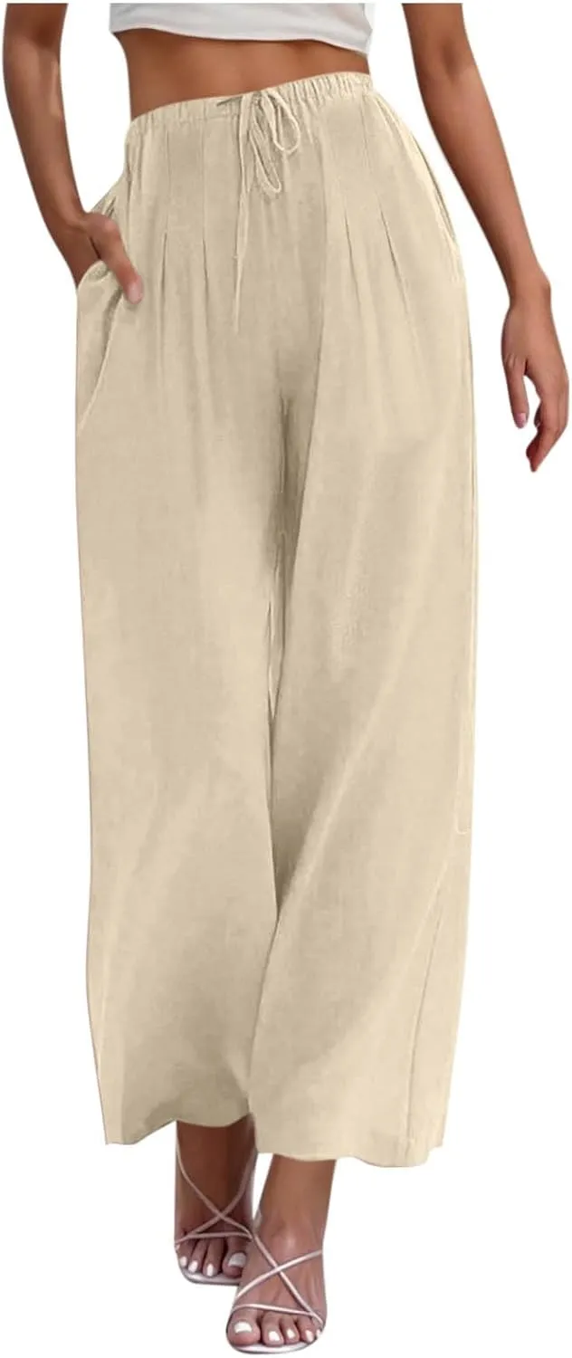 TANGNADE Women's Pants High Elastic Waisted Plus Size Wide Leg Trouser with Pockets Summer Casual Beach Flowy Pant