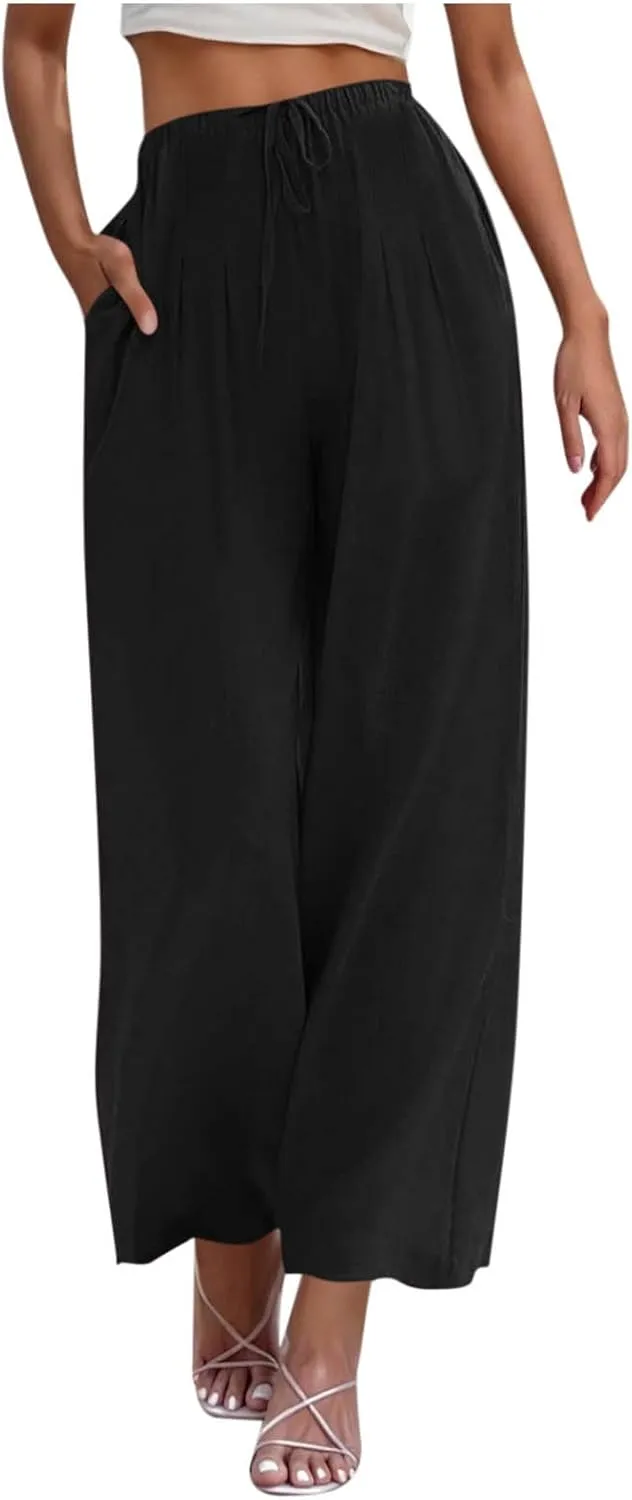 TANGNADE Women's Pants High Elastic Waisted Plus Size Wide Leg Trouser with Pockets Summer Casual Beach Flowy Pant