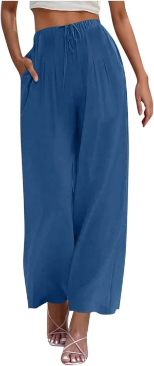TANGNADE Women's Pants High Elastic Waisted Plus Size Wide Leg Trouser with Pockets Summer Casual Beach Flowy Pant