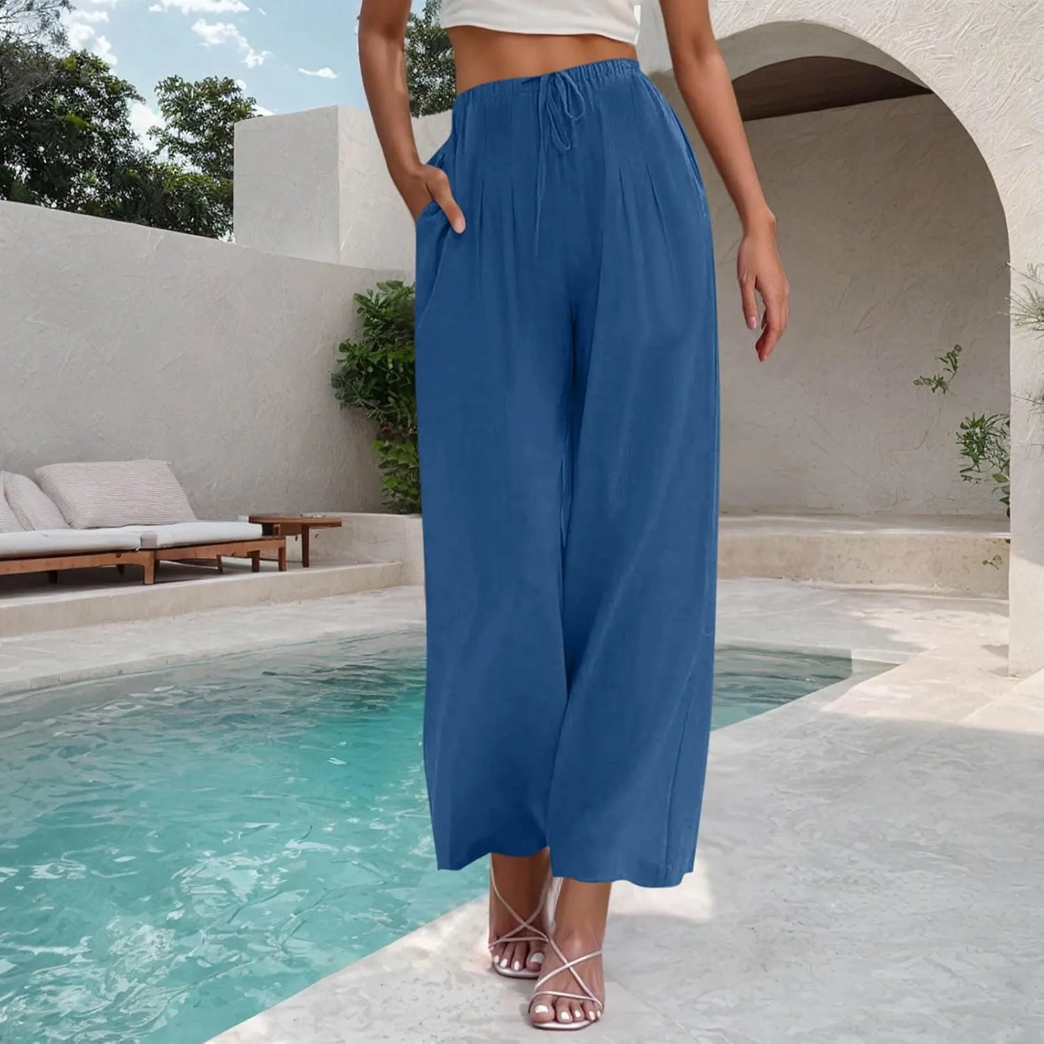 TANGNADE Women's Pants High Elastic Waisted Plus Size Wide Leg Trouser with Pockets Summer Casual Beach Flowy Pant