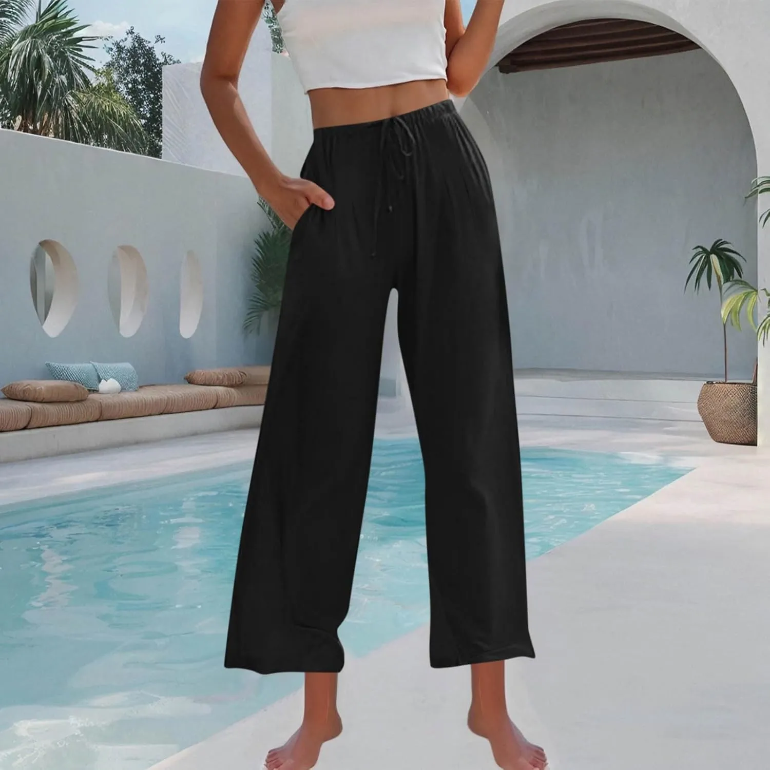 TANGNADE Women's Pants High Elastic Waisted Plus Size Wide Leg Trouser with Pockets Summer Casual Beach Flowy Pant