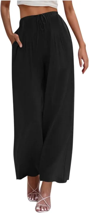 TANGNADE Women's Pants High Elastic Waisted Plus Size Wide Leg Trouser with Pockets Summer Casual Beach Flowy Pant