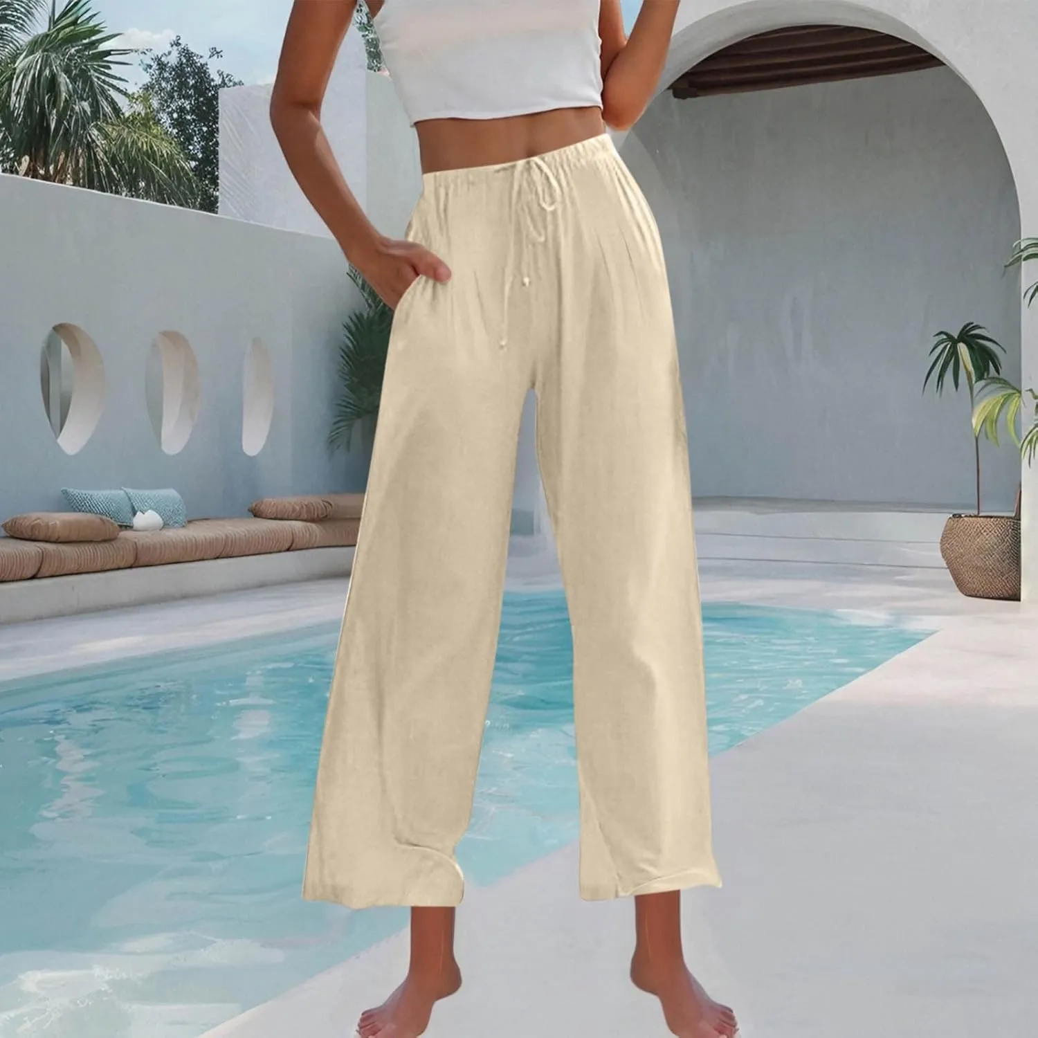 TANGNADE Women's Pants High Elastic Waisted Plus Size Wide Leg Trouser with Pockets Summer Casual Beach Flowy Pant