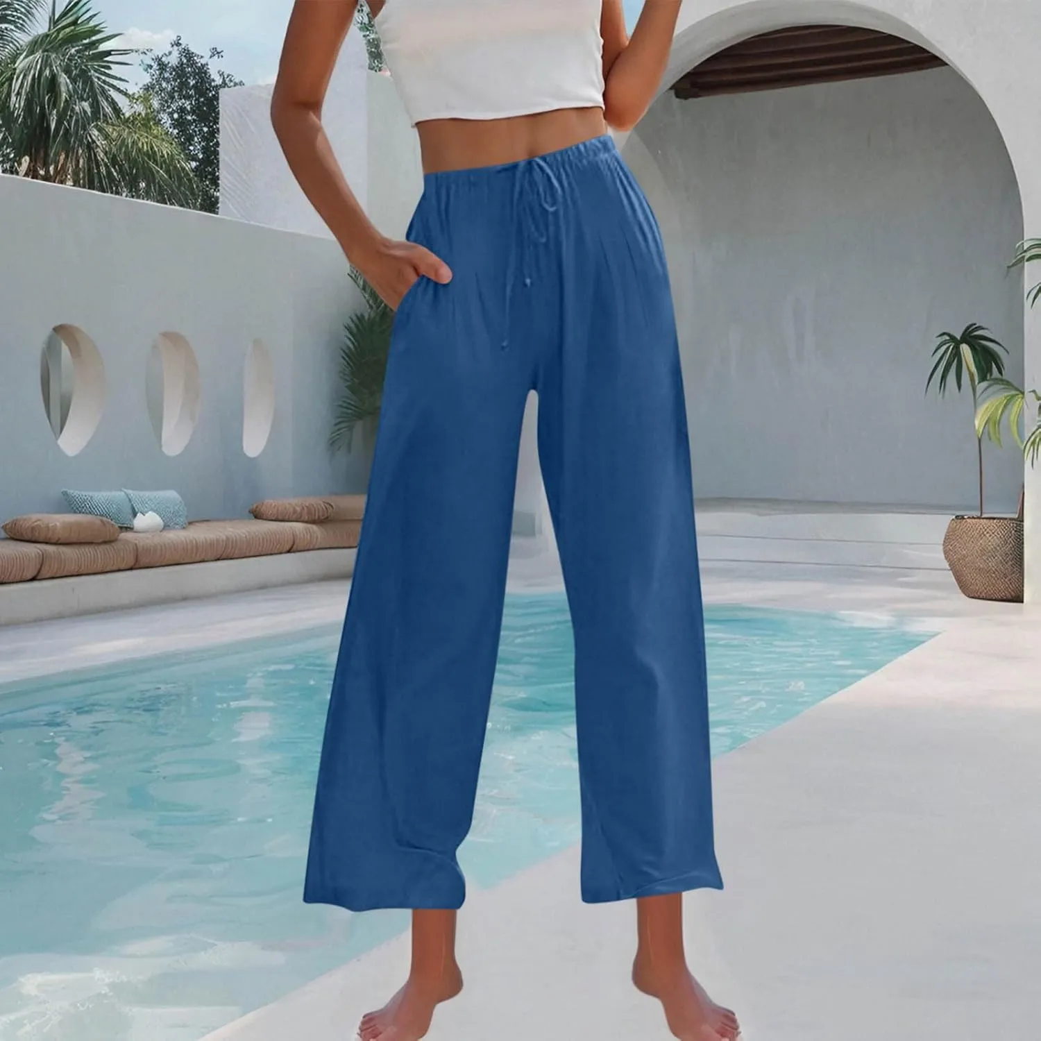 TANGNADE Women's Pants High Elastic Waisted Plus Size Wide Leg Trouser with Pockets Summer Casual Beach Flowy Pant