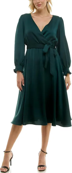 Taylor Women's Long Sleeve Satin Faux Wrap Midi Dress with Sash