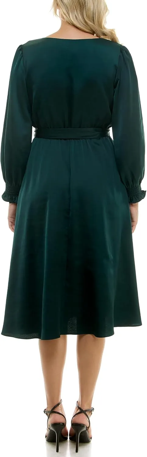 Taylor Women's Long Sleeve Satin Faux Wrap Midi Dress with Sash