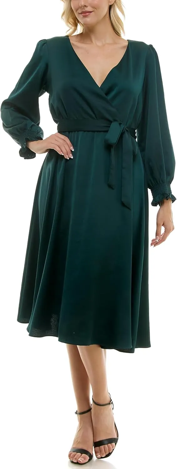 Taylor Women's Long Sleeve Satin Faux Wrap Midi Dress with Sash