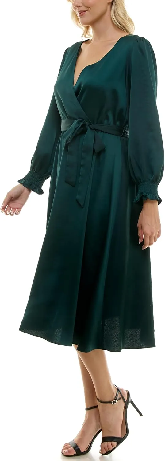 Taylor Women's Long Sleeve Satin Faux Wrap Midi Dress with Sash