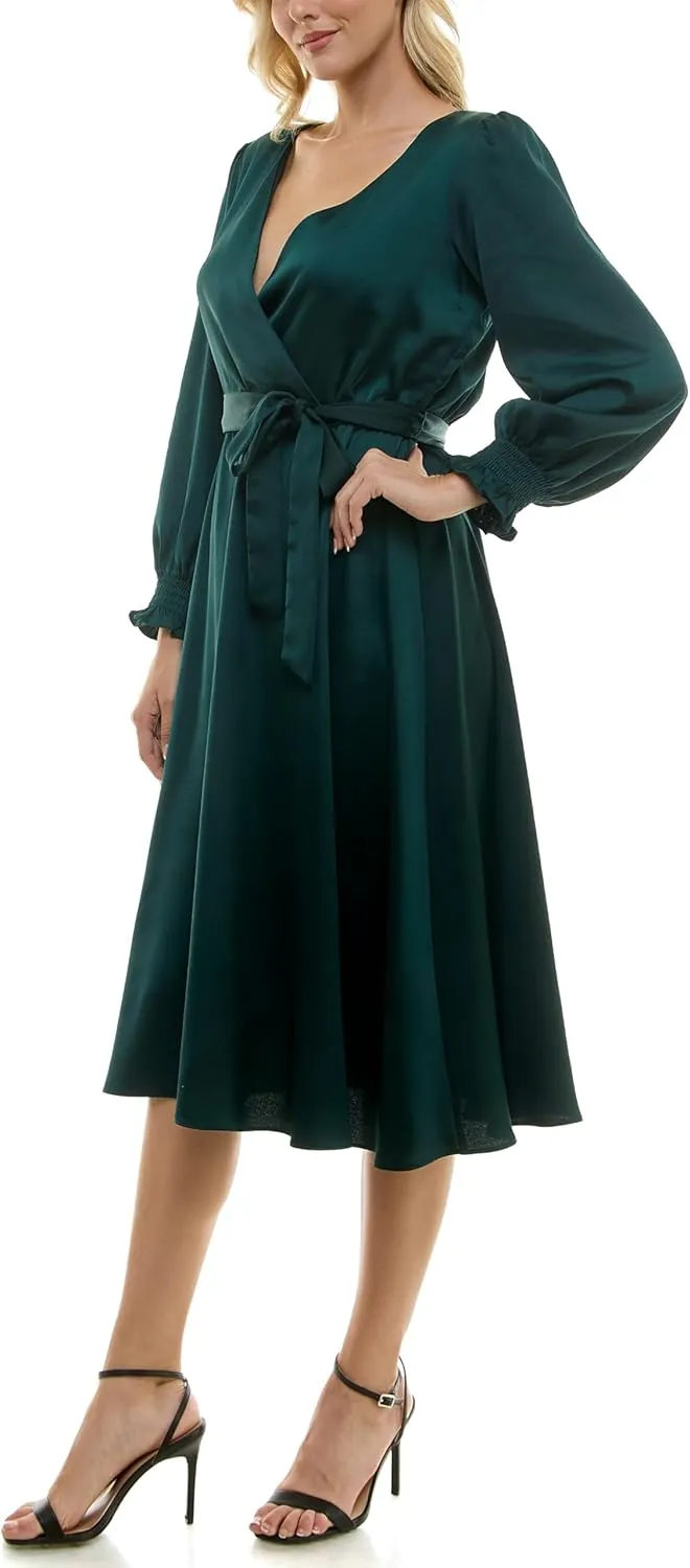Taylor Women's Long Sleeve Satin Faux Wrap Midi Dress with Sash