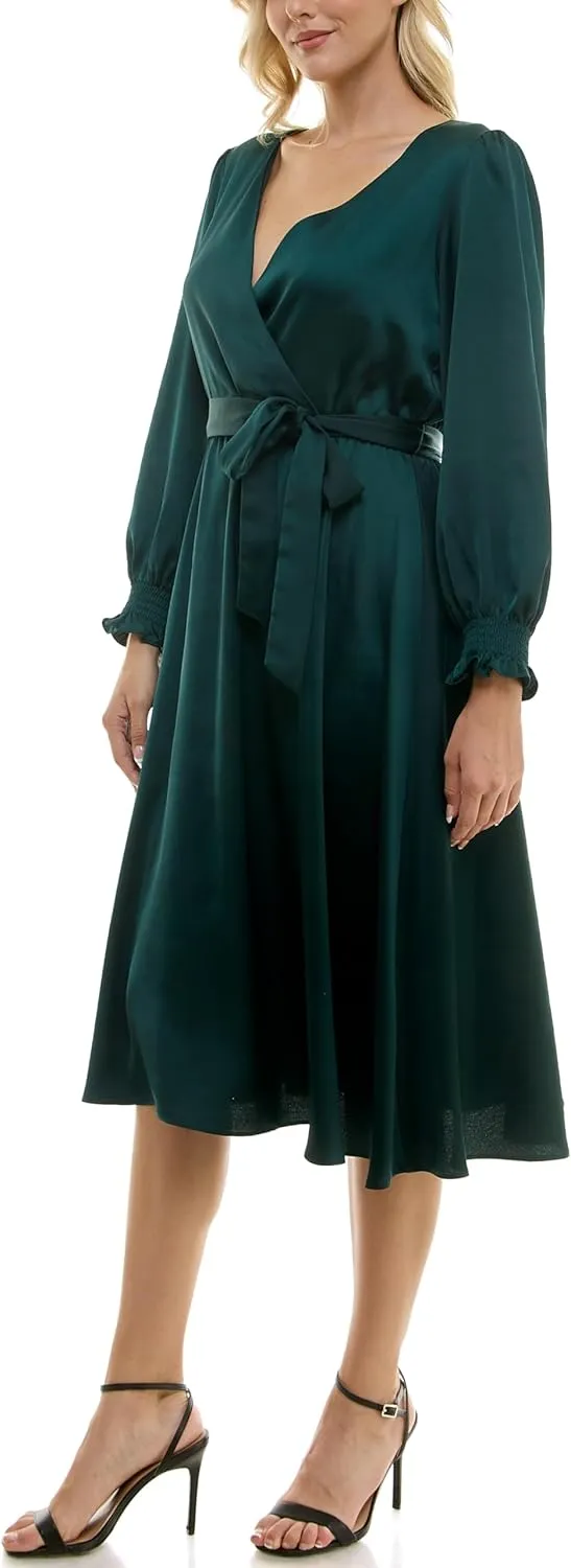 Taylor Women's Long Sleeve Satin Faux Wrap Midi Dress with Sash