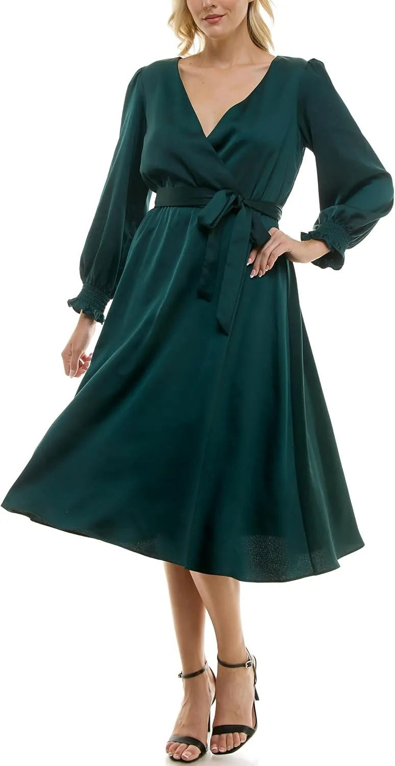 Taylor Women's Long Sleeve Satin Faux Wrap Midi Dress with Sash