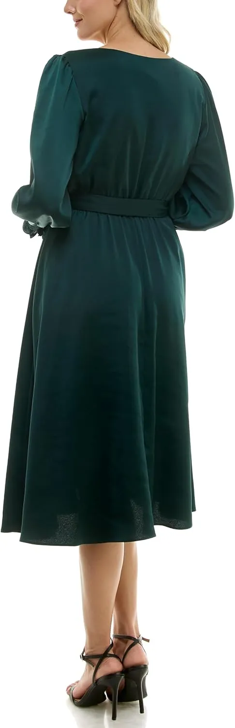 Taylor Women's Long Sleeve Satin Faux Wrap Midi Dress with Sash