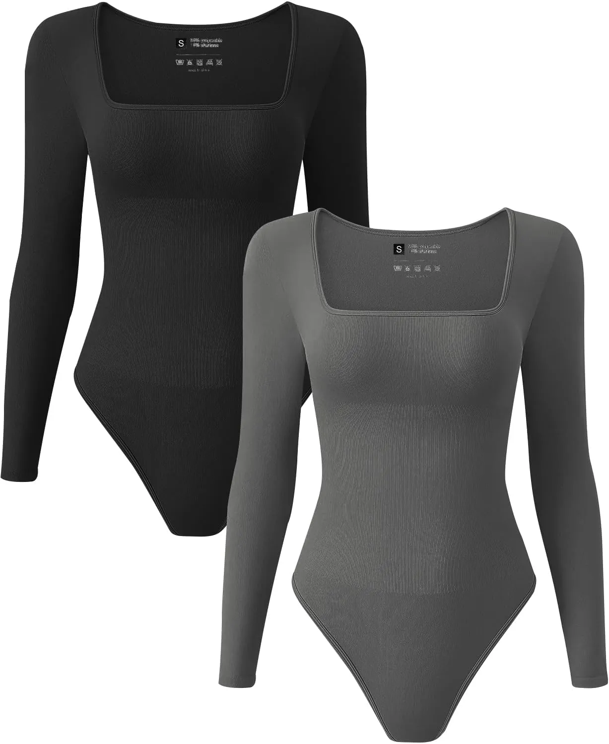 TDIFFUN Womens Long Sleeve Bodysuits Shapewear Sexy Ribbed Square Neck Tops Tummy Control Body Shaper